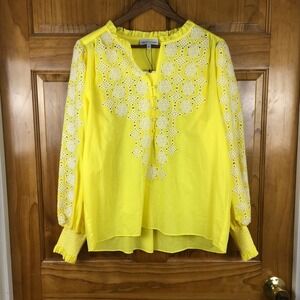 Gibson Latimer Yellow Eyelet Embroidered Cotton Blouse Womens M Boho Cottage